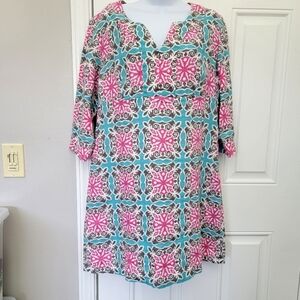 Boden 100% Linen 3/4 Sleeve V Neck Tunic Shift Dress Blue Pink Brown Size 10P